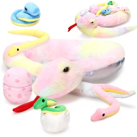 Leitee 7 Pcs Snake Plush Toy Set 63 Inch Large Mommy Snake Stuffed Animal with Cute Baby and Eggs in Zippered Belly for Kids Birthday Forest Party Favors Prank Props Bedroom Decors(Cute Style)