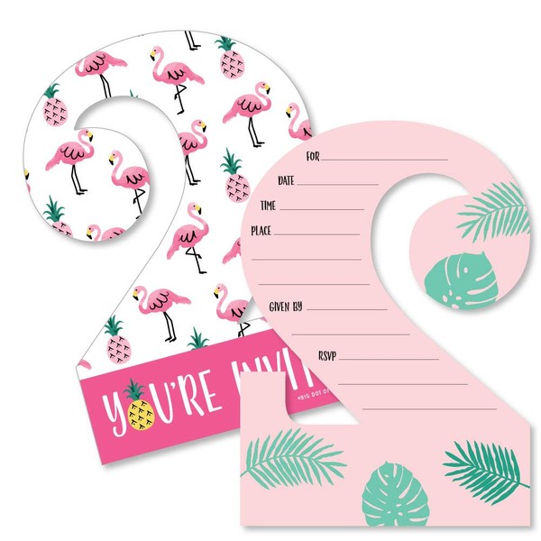 2nd Birthday Pink Flamingo - Party Like a Pineapple - Shaped Fill-in Invitations - Tropical Second Birthday Party Invitation Cards with Envelopes - Set of 12