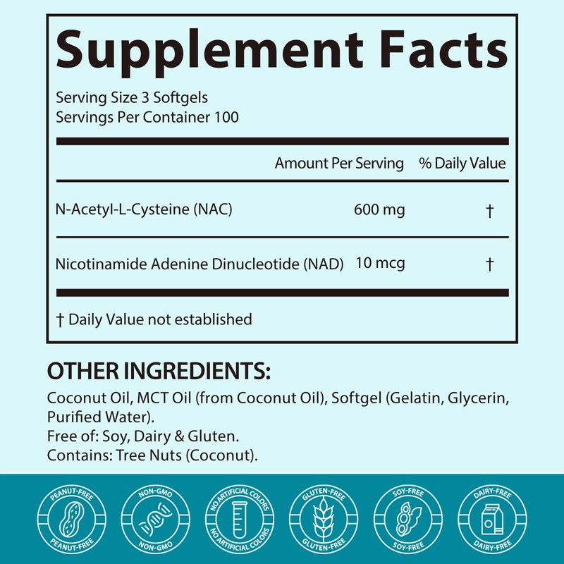 KPNEMA N-Acetyl Cysteine (NAC) 600mg, 300 Softgels with Coconut &