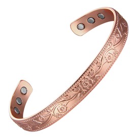 MagEnergy Copper Bracelets for Women, 99.9% Pure Copper Vintage Flower Magnetic Bangle with 3500 Gauss Magnets,6.8" Adjustable Cuff Jewelry Gift(Rose Gold)