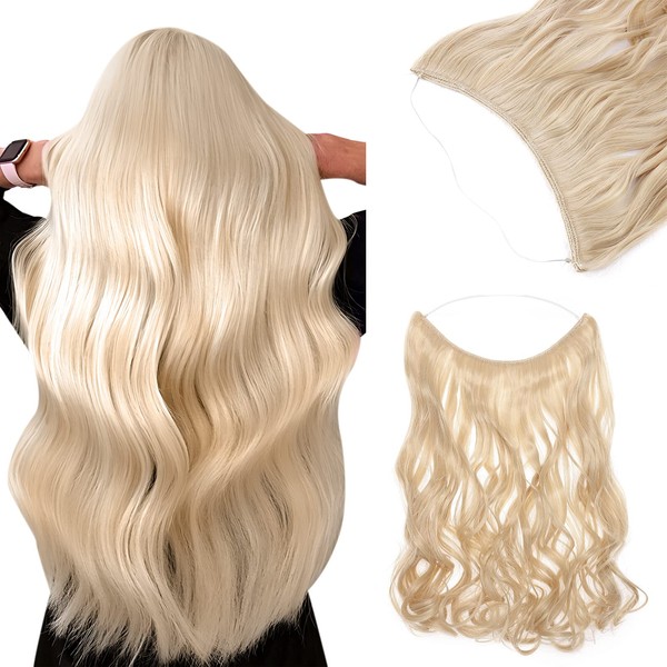 (50cm -wavy, Golden & Bleach Blonde) - Miracle Translucent Invisible Wire Fish Line on Clip in Hair Extensions 20-60cm Straight Wavy Curly Synthetic Hairpieces