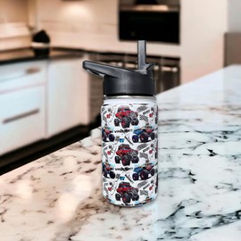 Monster Truck Kids Water Bottle for School with Straw Lid,12oz Stainless Steel Insulated Water Bottle for Boys & Girls,Leak Proof Lid with Handle & Touch Free Spout (A09)