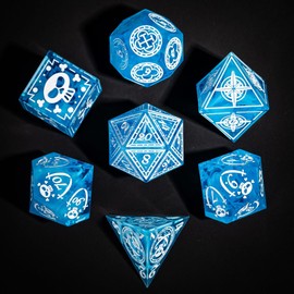Cusdie 7-Piece Sharp Edges DND Dice Set with Pirate Design - Perfect for Tabletop RPGs Board Games Gifting and Collecting(Blue w/White Pirate Pattern)