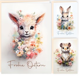 Easter Cards with Envelope Soft Easter Greetings Set of 12 Folding Happy Easter Greeting Cards in A6 Format Folding Cards with Rabbit Sheep Mouse Watercolour Happy Easter Card Set Envelope High