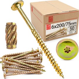 Lun Fix Flat Head Screws 6 x 200 mm | Pack of 50 | TX30 | Flat Head / Milling Ribs | Yellow Galvanised | Torx Screws | Wood Screws | Flat Head Screws Wood | Construction Screws |