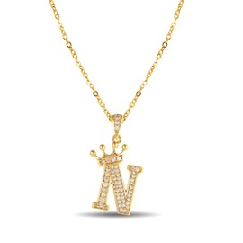 Jokmeo Gold Chain with Letter A-Z Pendant 14 Carat Gold-Plated Initial Necklace, Crown Shiny Cubic Zirconia Monogram Pendant, Name Letter Chain for Women Girls Girlfriend Mum, Sterling Silver