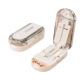 ONTERATE Pill Cutter Splitter for Small & Large Pills, Adjustable Pill Splitter with 1 More Safety Guard Hidden Stainless Steel Blade, Travel Tablet Vitamin Cutter Cutting into 1/2, 1/4 (Cream)