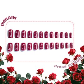 IMRAIN Valentine's Day Press on Nails Short Square Fake Nails with Pink Heart Designs Wine Red Acrylic Nails Press ons Glossy Cute Glue on Nails for Women Girls 24Pcs Squoval Stick on Nails