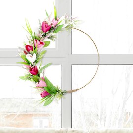 Tulip Wreaths for Front Door - 12 Inch Greenery Spring Wreath with Pink Tulip for Farmhouse Home Decor, Hanging Pink Wreath for Porch Wall Indoor Outdoor Wedding