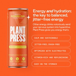 Plant Press - Organic Energy Drink, 100 mg Caffeine Clean Coffee Alternative, Full Range of Vitamins, Electrolytes, No Sugar Alcohols, No Preservatives - Passionfruit Peach (12 Fl Oz, 12 Pk)