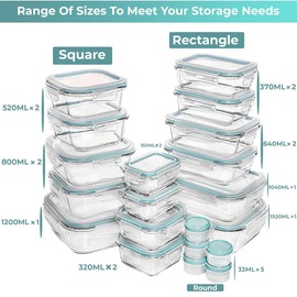Razab 35 Pc Set Glass Food Storage Containers with Lids - Meal Prep Airtight Bento Boxes BPA-Free 100% Leak Proof (15 lids,15 glass & 5 Plastic Sauce/Dip Containers)