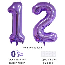 Xihuimay 40 Inch Purple Number 12 Balloons, 2 Pack, Aluminium Foil, Self-Sealing Valve, Perfect for Birthday, Wedding, Bridal Shower, Bachelorette, Graduation Parties