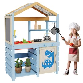 Outdoor Wood Mud Kitchen for Kids, Wooden Play Kitchen w/Canopy, Removable Sink & Faucet, Dual-Sided Chalkboard, Storage Shelves＆Pretend Stove, Fir Wood Backyard Playset for Children Ages 3+