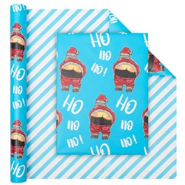 Vnaaem Funny Christmas Wrapping Paper - Mini Roll - 17 Inches X 33 Feet - for Adult Women Men - Reversible Holiday Wrapping Paper Blue Naughty Santa and Green Stripe Pattern Great for Holiday Birthday, Party