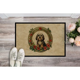 Caroline's Treasures DAC2439MAT Tibetan Terrier Christmas Flowers Doormat Front Door Mat Indoor Outdoor Rugs for Entryway, Non Slip Washable Low Pile, 18H X 27W