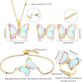 BONJOULRY Butterfly Crystal Jewelry Set with Butterfly Necklace Stud Earrings Bolo Bracelet Adjustable Ring for Women Trendy, Iridescent Y2K Dainty Butterfly Jewelry Gifts Valentine's Day Gifts(White)
