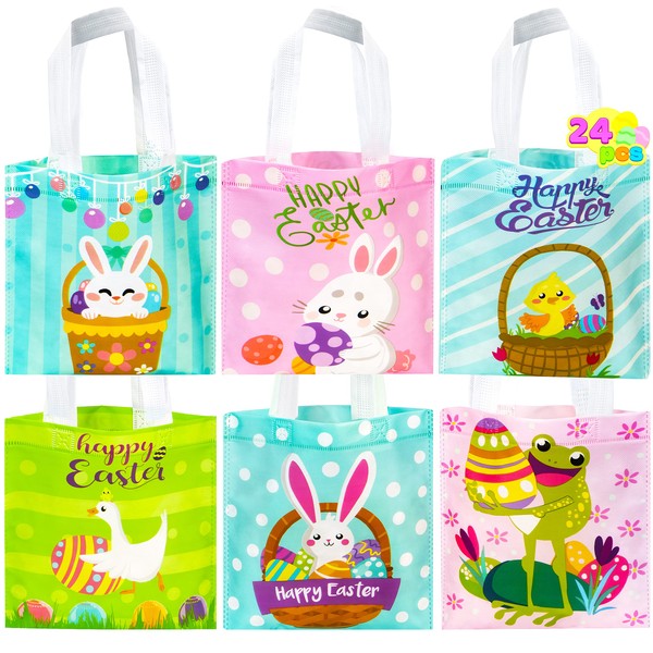 JOYIN 24 Pcs Easter Gift Bags, 8.7" x 8.7" Mini Size Creamed Tote Easter Gift Kraft Treat Goodie Bags and Basket with Handles for Easter Egg Hunt, Easter Party Favors