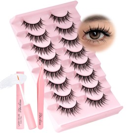 Ahrikiss Manga Lashes Wet Look Wispy Anime False Eyelashes 8 Pairs Faux Mink Lashes Kit with Glue and Tweezers Soft Spiky Fake Eyelashes Look Like Individual Lashes (Clammy)