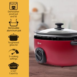 ICOOK USC-65-OP001RD 6.5 Quart Slow Cooker,Aluminium Sear/Sauté Stew Pot Stovetop safe,Dishwasher Safe,Glass Lid,Adjustable Temp,Food Warmer,RED