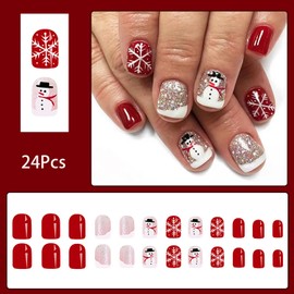 24 Pcs Acrylic Nails Press on Nails Short Square Fake Nails with Glitter Sequin Snowflake Snowman Design Glossy Full Cover Artificial Nails French Tip False Nails Christmas Glue on Nails for Women