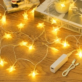 Rechargeable Star String Lights Battery Operated with 8 Modes, 17FT 50LED Battery Fairy Lights Indoor with Timer, Twinkle Lights for Bedroom Dorm Tent Wedding Party Christmas Decorations, Warm White