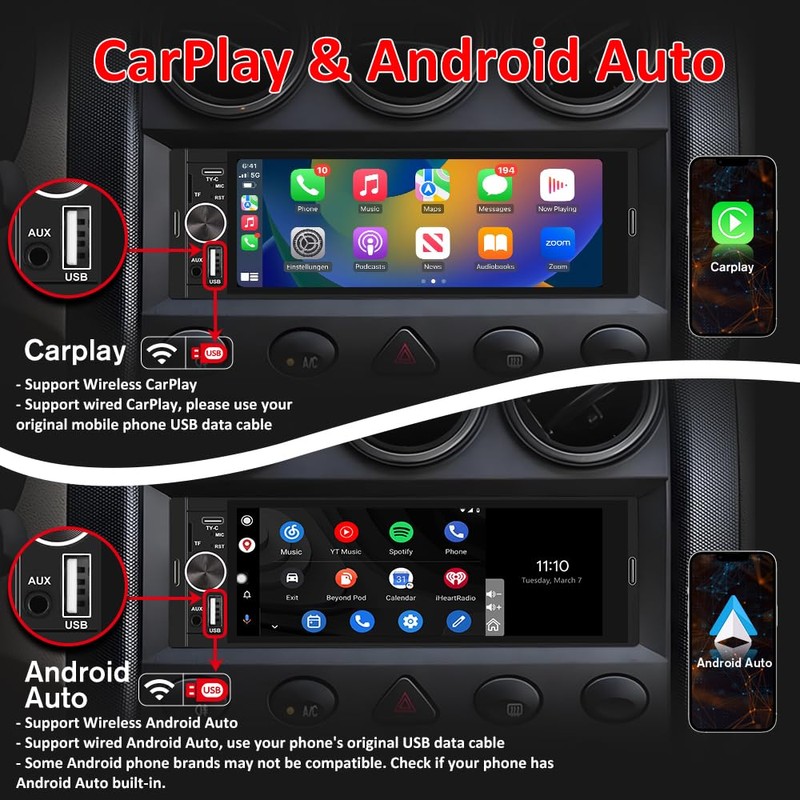 Junsun Single DIN Car Stereo with CarPlay and Android Auto,