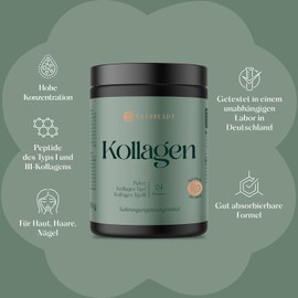 Natuready Kollagenpeptid-Pulver. Hochdosiert. Typ I und III. 3 Geschmacksrichtungen. Ohne Zuckerzusatz. Laborgeprüft. 24 Portionen pro Packung. (Neutral)