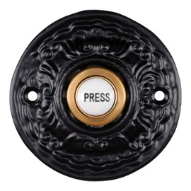 Wired Iron Doorbell Chime with Brass Porcelain Push Button in Black Powder Coat Finish Vintage Decorative Door Bell with Easy Installation, Size 2 1/2"