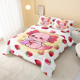 QOOMO Cute Axolotl for Boys Girls Teen Room Decoration Strawberry Kids Comforter Set Kawaii Axolotl 3D Quilt Set Bedroom Decoration Full Size 1 Comforter Set 2 Pillowcases