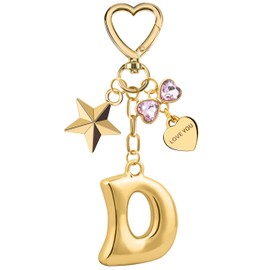 Suweibuke Gold Bubble Initial Letter Keychain, Women Girl Bags Charms Gift - Mother's Day Birthday Christmas Valentine's Gift (D-Gold Letter Pink Rhinestone)