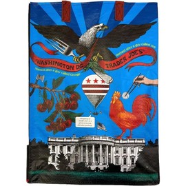 Trader Joe's Washington DC "Top Secret" Reusable Grocery Shopping Bag; City Themed Design: White House, Lincoln Memorial, Bald Eagle, Republican & Democrat Symbols...