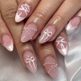 French Tip Fake Nails Almond Fake Nails Bow with Pearls Design Medium False Nails Pink Acrylic Nails Artificial Full Cover Nails Glossy Glue on Nails Stick on Nails for Women Nail Decoration 24Pcs