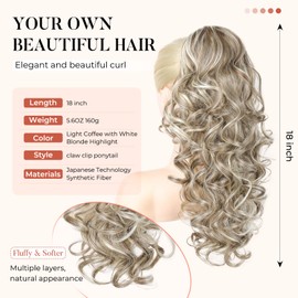 Flufymooz Ponytail Extension, 18 inch Wavy Curly Claw Clip Ponytail Extension Clip on Ponytails Natural Synthetic Hairpiece for Women Daily Wear (Light Coffee with White Blonde Highlight)