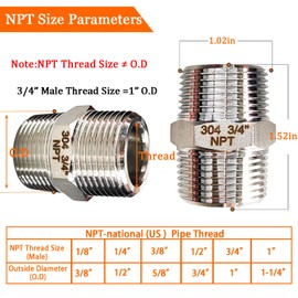 Gadoutcover 4PCS Hex Stainless Steel Nipple 3/4"NPT Male X 3/4" NPT Male Pipe Fitting 3/4 inch Stainless Steel Pipe Nipples Male Pipe Adapter Fittings Heavy Equal Nipples Connectors