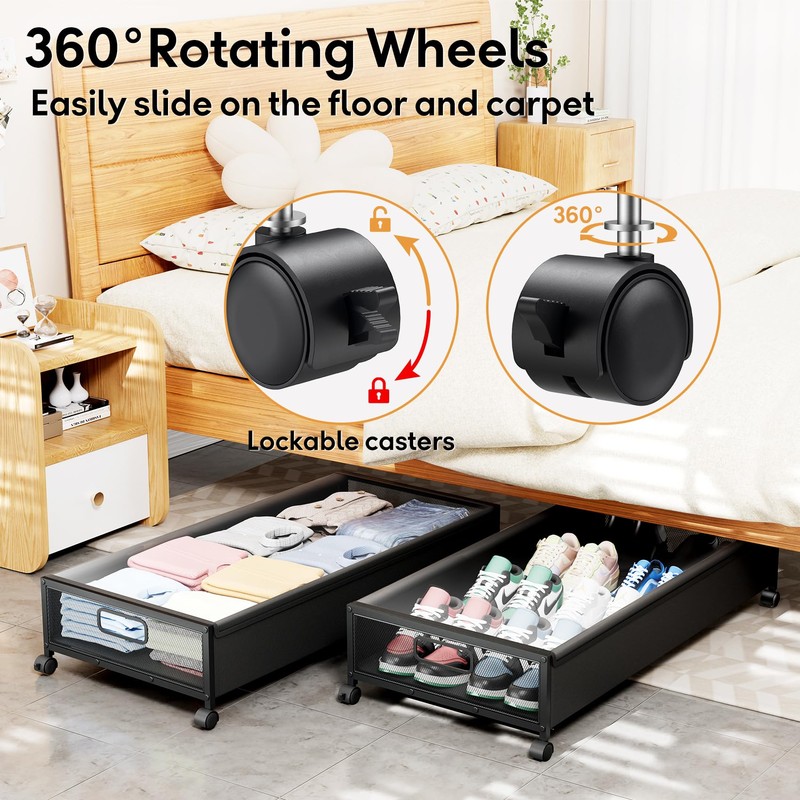 LeArex Under Bed Storage Containers with Wheels 2 Pack Underbed