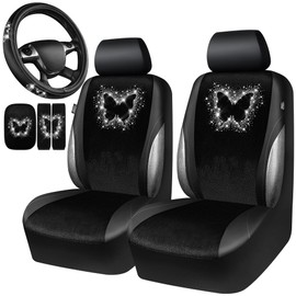 CAR PASS Bling Diamond Butterfly Car Seat Covers, Black Velvet Leather Butterflies Front Seat Covers Set for Women Girl, Rhinestone Butterfly 14.5-15'' Steering Wheel Cover, Glitter Car Interior Sets