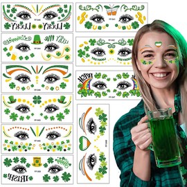 10 Sheets St Patricks Day Tattoos for Kids Adult Eyes Face makeup Waterproof Shamrock Clover Temporary Body Stickers Gifts Saint Patricks Day Decorations Irish Parade Party Supplies Favors