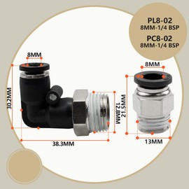 Bwintech 10 Pcs 8mm Tube to 1/4" Male BSP Thread Straight & 90 Degree Elbow Push in Connect Pneumatic Fitting,PL8-02/PC8-02 Quick Release Air Line Adapter