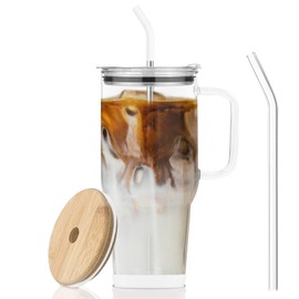 AiHeart 32 oz Glass Tumbler with Straw and Bamboo Lid, Large Capacity Glass Water Cup with Handle,Reusable Iced Coffee Cup with Silicone Coaster,Boba Smoothie Cup,Fits In Cup Holder (White)
