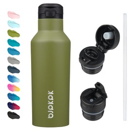 BJPKPK Insulated Water Bottle With Straw 17oz Stainless Steel Water Bottles With 2 Lids And Carry Handle Reusable Travel Metal Thermos,Olive Green