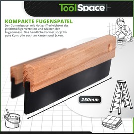 ToolSpace Rubber Spatula Joint Spatula Tiles with Rubber Lip Spatula Squeegee Rubber 250 mm Rubber Scraper Joints Wooden Handle Tile Spatula Tools Smoothing Trowel Ergonomic Work Grouting Rubber Pack
