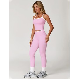 2 Piece Workout Sets for Women Seamless Straps Cross Back Tank Tops Matching High Waist Tummy Control Leggings Set Clothes Womens Two Piece Athletic Set Gym Wear Active Yoga Outfit Colorblock Pink S