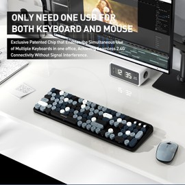 Keyboard and Mouse Wireless,Cute Retro Wireless Keyboard Mouse Combo with Round Key,2.4Ghz Dropout-Free Connection,Typewriter Wireless Keyboard Mouse Set for PC Laptop Desktop Computer-Grey Colorful