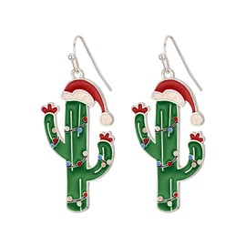 RareLove Green Christmas Cactus Earrings with Red Sant Hat Drop Dangle Earrings For Women, Holiday Earrings, Cute Earrings, Christmas Jewelry