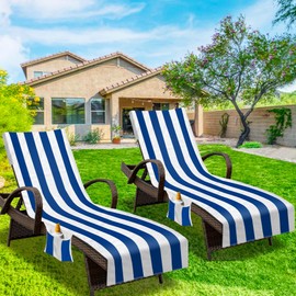 Beach Chair Cover (1Pc), Lounge Chair Covers with Side Pockets 85 x 30,Thick and Quick Dry Lounge Chair Towel Cover for Sun Lounger, Pool Beach Garden Outdoor Tanning Chair Cover, Dark Blue Stripe