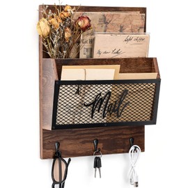 Yalikop Farmhouse Mail Organizer Wall Mounted Rustic Mail Holder Hanging Key Sorter with 3 Hooks Indoor Wooden Wall Mounted, Letter, Magazines, Newspapers, Keys(Classics,Brown)