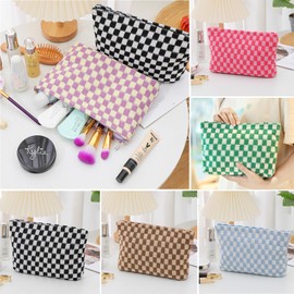 ATUIYG AJOJO 2 Pcs Checkered Cosmetic Bag Makeup Brush Storage Bag Toiletry Organizer Bag for Women Girls Large Travel Toiletry Organizer (2Pcs-Pink)