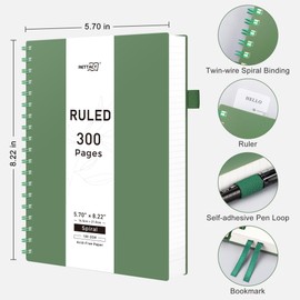 RETTACY Spiral Notebook College Ruled, 300 Pages, A5 Medium Size (14.5 x 21 cm), for School, Work, Journaling, 100 GSM Thick Paper, Flexible Plastic Cover (Dark Green)