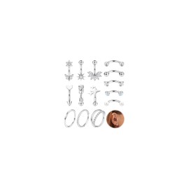 Milacolato Rook Eyebrow Piercings Gold Silver Eyebrow Piercing Stainless Steel Curved Barbel Nose Piercing Septum Daith Conch Ring 16G Piercing Ear Banana Jewellery 8 mm Pack of 14, Stainless Steel