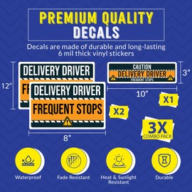 Caution Delivery Driver Frequent Stops Bumper Sticker, 3 Pack, Adhesive Sticker for Vehicles, Two 12x8 inch and One 3x10 inch, Decal for Delivery Cars, Trucks, Van, Full-Color Print, Made in USA